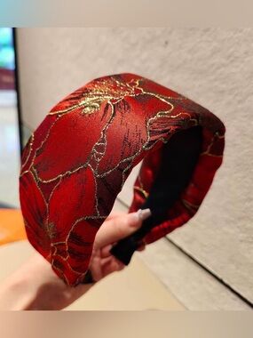 Red Japanese Bohemian Floral Padded wide Headband with Gold Accents